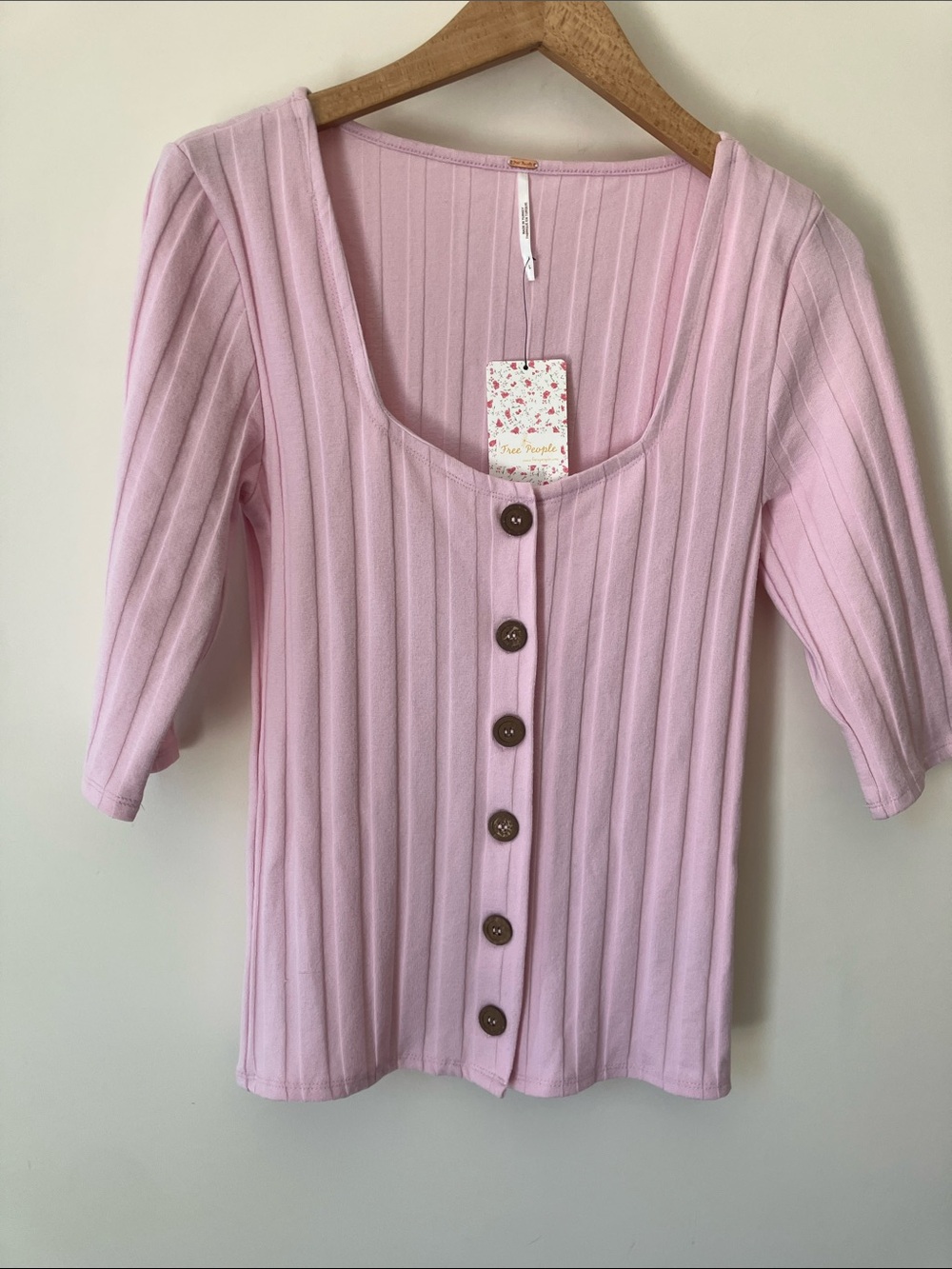 FREE PEOPLE Central Park Rib Knit Blush Button Front 1/2 Sleeve Top Size L NWT
